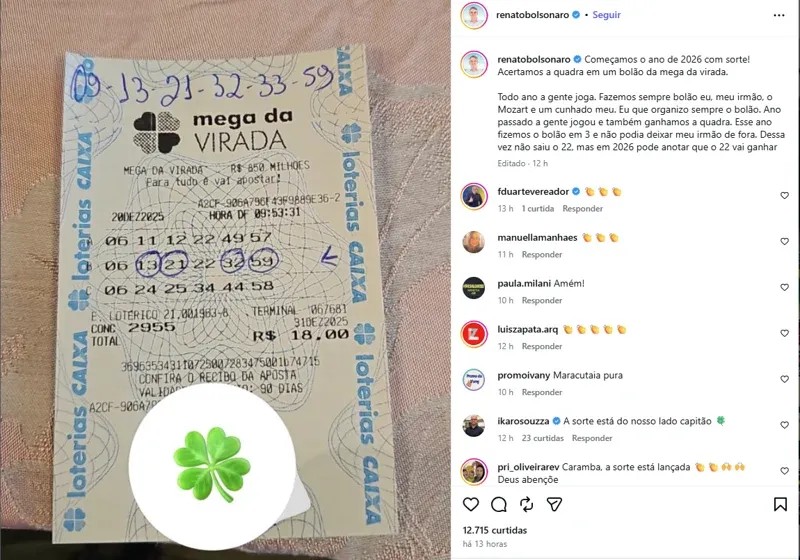 Imagem da noticia Bolsonaro ganha prêmio da quadra da Mega da Virada