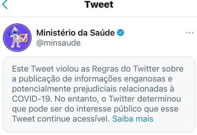 Twitter adverte Ministério da Saúde por post de tratamento precoce da covid-19 Twitter adverte Ministério da Saúde por post de tratamento precoce da covid-19