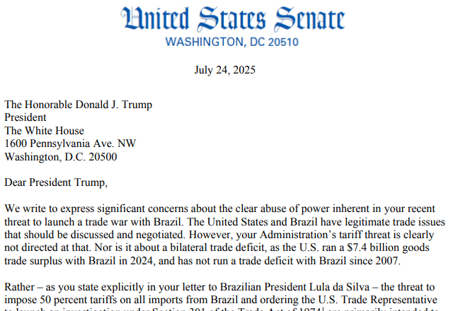 Imagem da noticia Trump cometeu "abuso de poder" e taxou Brasil "em favor de amigo", dizem senadores dos EUA