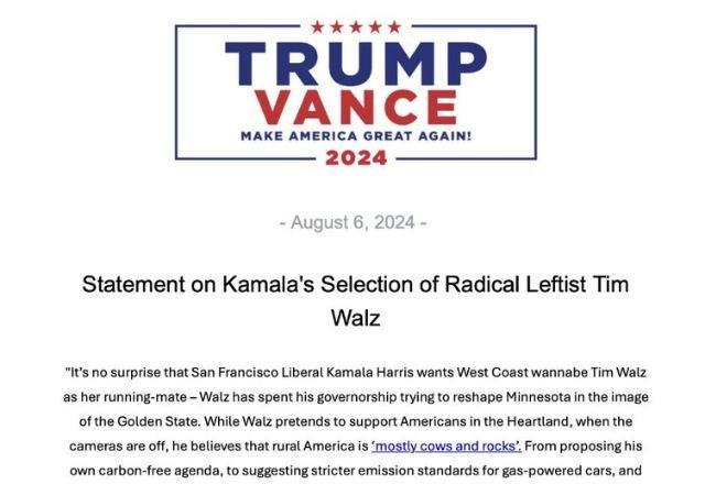Imagem da noticia Republicanos reagem à escolha de Tim Walz como vice de Kamala: "perigosamente liberal"