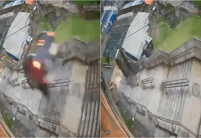 Motorista perde controle de carro e veículo despenca de escadaria em SP Motorista perde controle de carro e veículo despenca de escadaria em SP