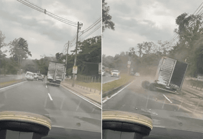 Caminhão na contramão causa acidente e arranca fiação de estrada no Rio Caminhão na contramão causa acidente e arranca fiação de estrada no Rio