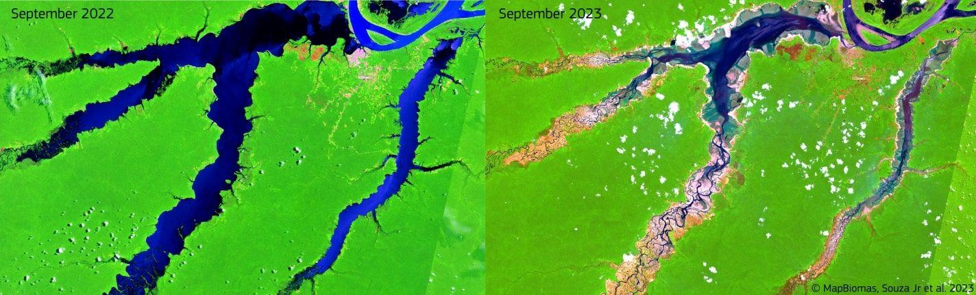 Redução da superfície da água no rio Amazonas nas proximidades do rio Urucú, no centro do estado do Amazonas, em setembro de 2022 e em setembro de 2023