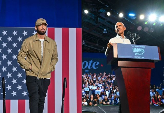 Imagem da noticia Eminem faz rara aparição em comício com Obama e pede voto para Kamala