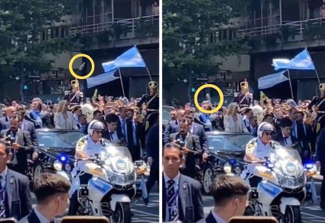Imagem da noticia Vídeo mostra garrafa atirada em direção a Milei durante desfile na Argentina