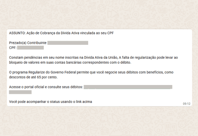 Imagem da noticia Golpe ameaça vítimas com dados e falsa pendência na Dívida Ativa da União