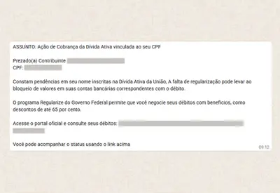 Golpe ameaça vítimas com dados e falsa pendência na Dívida Ativa da União Golpe ameaça vítimas com dados e falsa pendência na Dívida Ativa da União