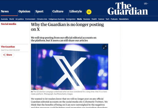 Imagem da noticia Jornal britânico The Guardian abandona X por "conteúdo perturbador"
