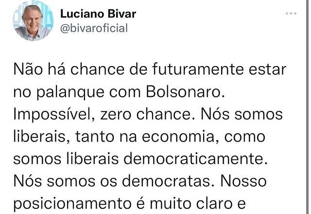 Imagem da noticia Bivar escreve que não há chance de estar no palanque com Bolsonaro e apaga