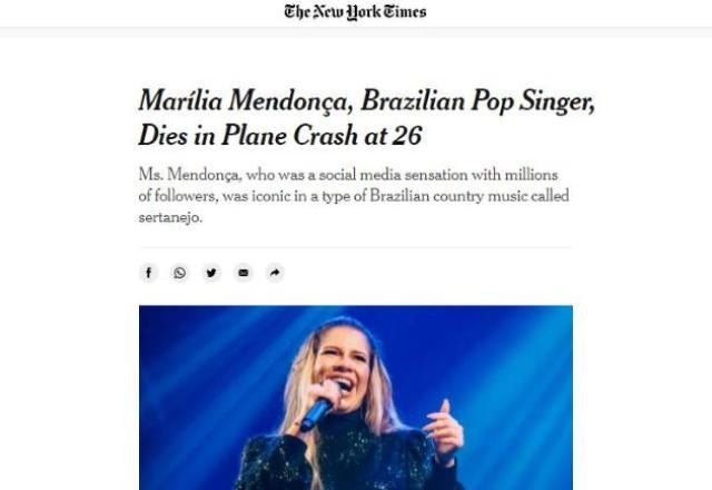 Imagem da noticia New York Times noticia morte de Marília e usa "feminejo" pela 1ª vez