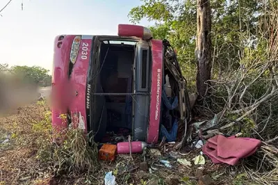 Ônibus com 46 passageiros tomba e deixa feridos na BR-230, no Tocantins Ônibus com 46 passageiros tomba e deixa feridos na BR-230, no Tocantins