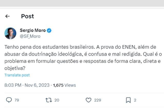 Imagem da noticia Moro diz que prova do Enem é "mal redigida", mas erra grafia do exame em post