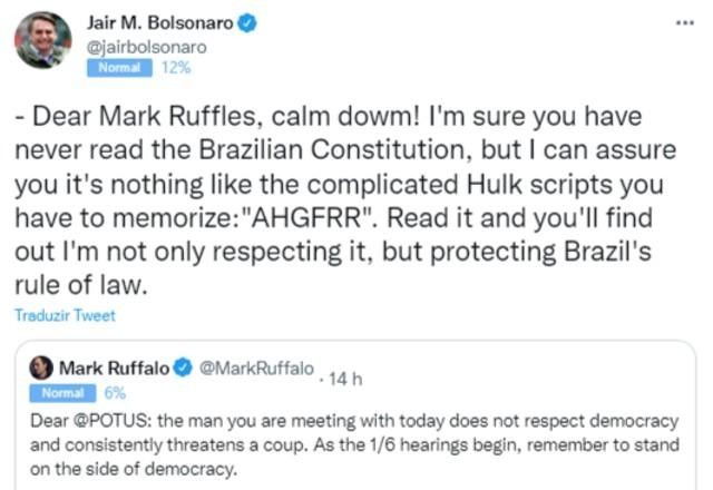 Imagem da noticia 'Mark Ruffles': Bolsonaro zomba de ator após críticas no Twitter