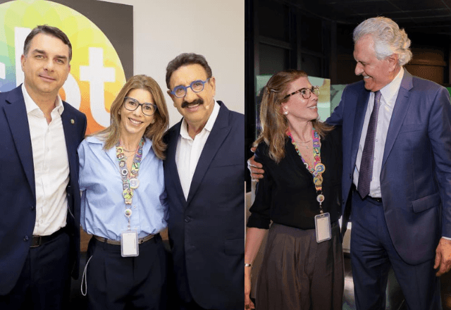 Flávio Bolsonaro e Ronaldo Caiado são recebidos por Daniela Abravanel Beyruti, presidente do SBT, na sede da emissora em São Paulo