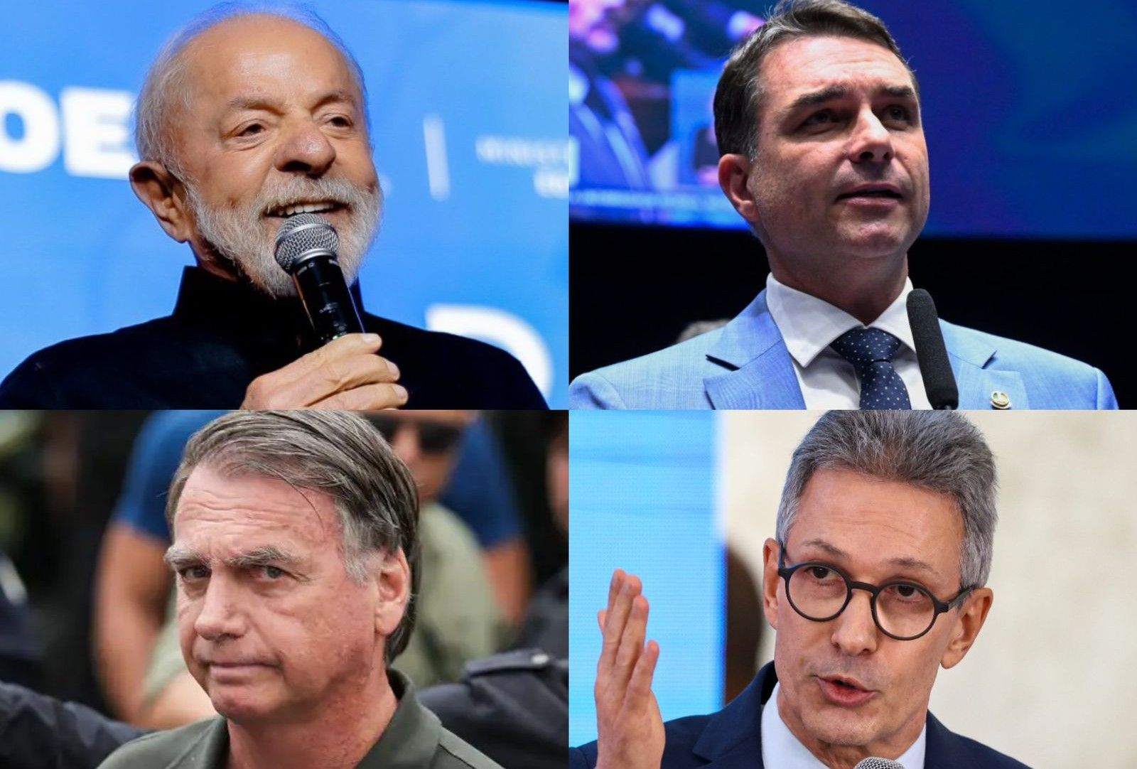 Lula (PT), Flávio Bolsonaro (PL-RJ), Jair Bolsonaro (PL) e Romeu Zema (Novo) | Divulgação/Ricardo Stuckert/PR, Carlos Moura/Agência Senado, Fabio Rodrigues-Pozzebom/Agência Brasil e Marcelo Camargo/Agência Brasil