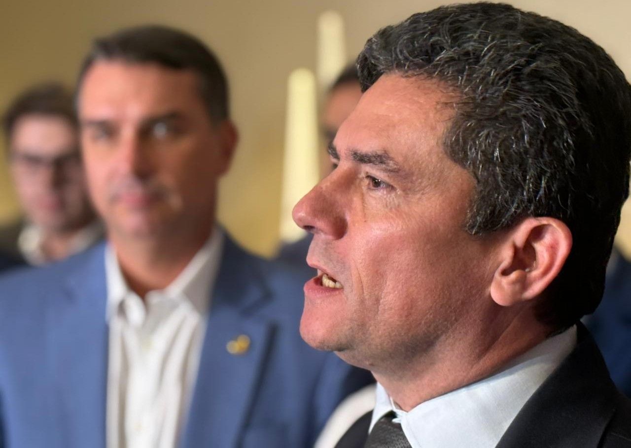 Moro durante filiação ao PL, em evento com presença de Flávio Bolsonaro | Ranier Bragon/SBT News