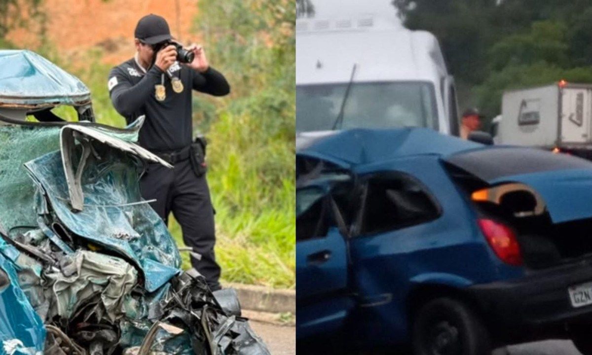 Chevrolet Celta ficou completamente destruído no acidente. | Reprodução/Redes Sociais