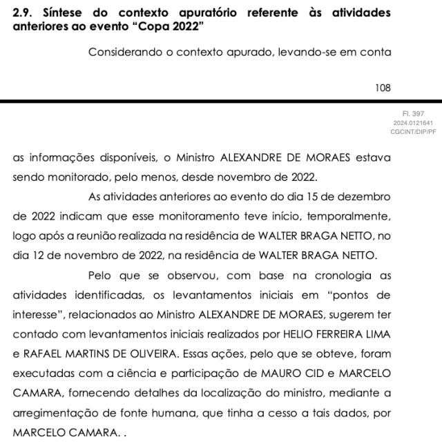 Trecho de documento da PF na Operação Contragolpe que cita indiciados.