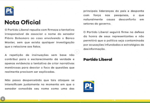 Manifestação do PL contra termo "BolsoMaster", publicado nas redes do partido | Reprodução Instagram